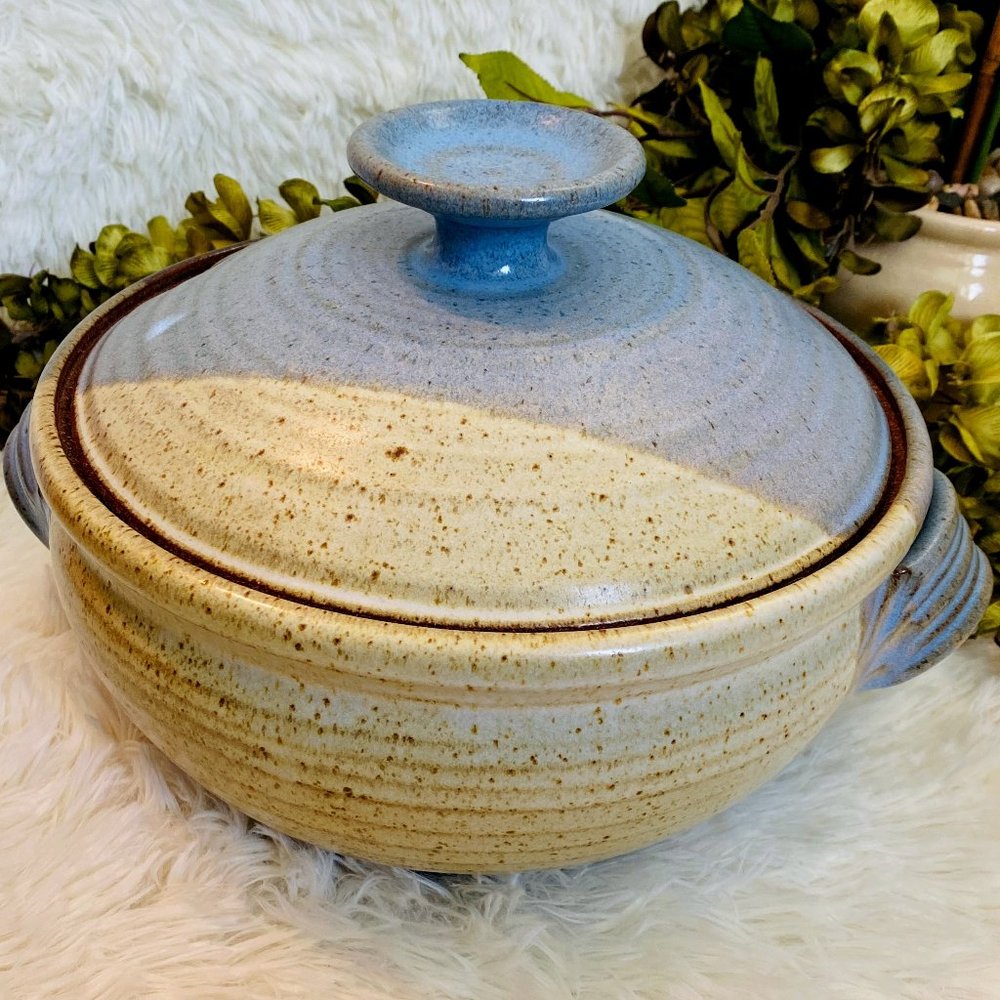 Signed Studio Stoneware Soup Tureen-Blue/Cream